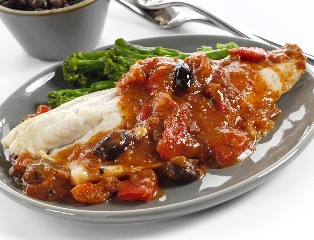 Mediterranean Sea Bass in a Cherry Tomato Sauce with Roasted Peppers, Kalamata Olives & Chorizo (skin on, boneless)